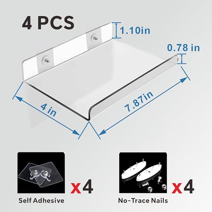 4-Pack Clear Acrylic Floating Shelves with Adhesive & No-Trace Nails - Ultimate No Drill Wall Mounted Display & Storage Organizer for Bathroom, Bedroom, Living Room, Office, 7.87" x 4" (4, U-Shape)