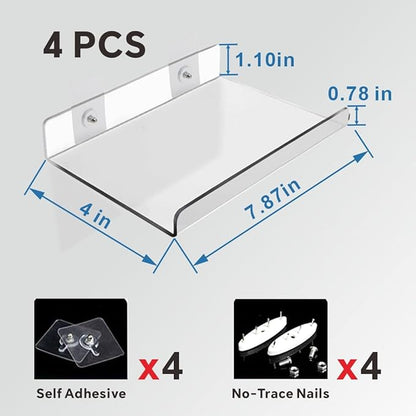 4-Pack Clear Acrylic Floating Shelves with Adhesive & No-Trace Nails - Ultimate No Drill Wall Mounted Display & Storage Organizer for Bathroom, Bedroom, Living Room, Office, 7.87" x 4" (4, U-Shape)