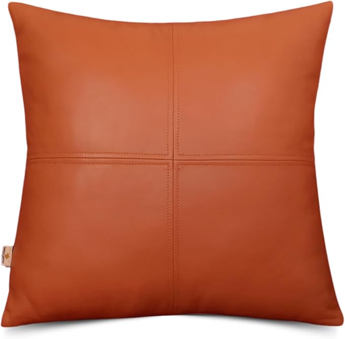 Lambskin Leather Pillow Cover, Hand Panel Stitched Leather Decorative Throw Pillow Covers for Couch Sofa Bed Living Room Garden (14x14 Inches, Tan Plain Pack of 1)