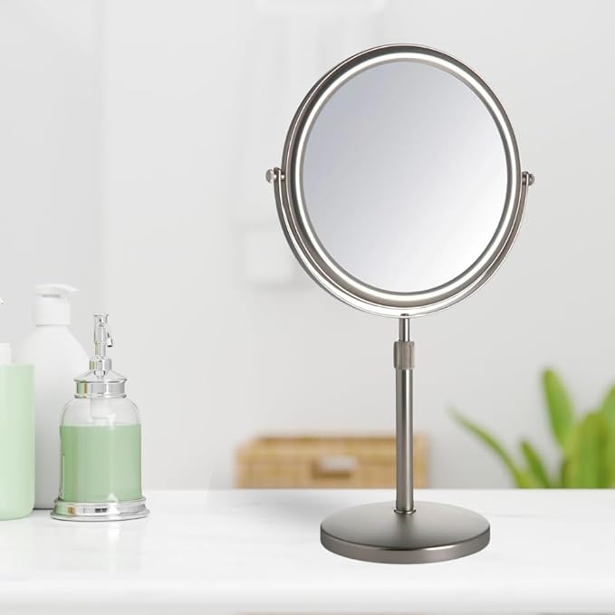 JERDON Two-Sided Tabletop Makeup Vanity Mirror - 5X-1X Magnification & Swivel Design - 9-Inch Diameter Mirror with Adjustable Height - Nickel Finish - Model JP4045N