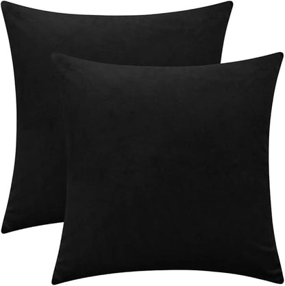 Set of 2 Comfortable Velvet Throw Pillow Cases Decorative Solid Cushion Covers for Sofa Couch and Bed - 14"x14", Black