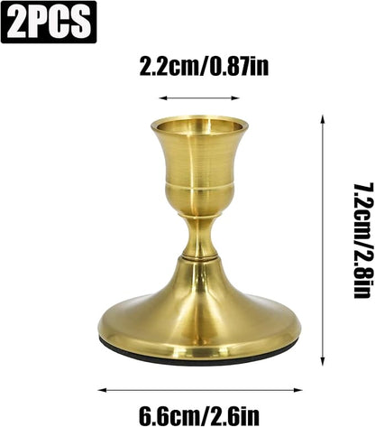 2 Pcs Gold Taper Candle Holders 2.8 Inch Vintage Short Skinny Metal Candlestick Holders for Table Centerpieces