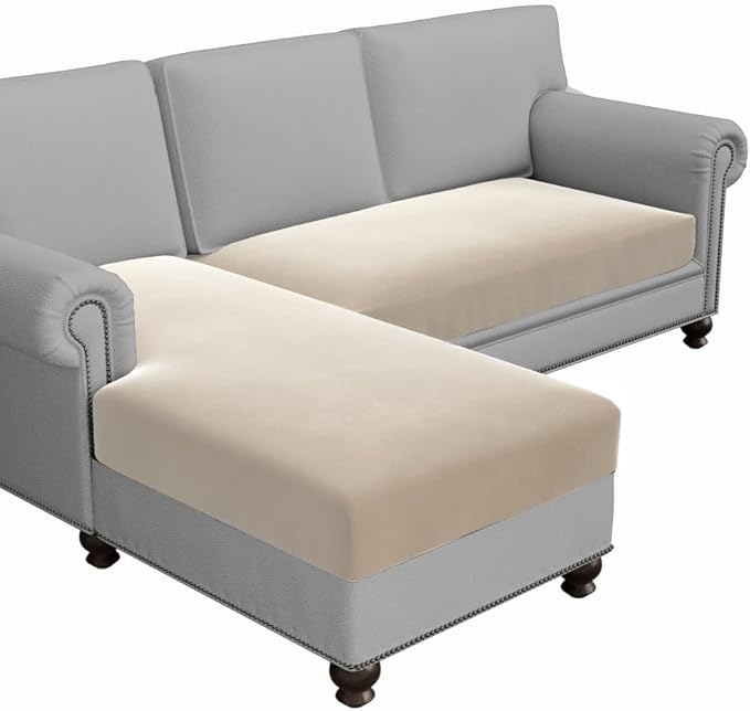 H.VERSAILTEX Fleece 2 Piece Sectional Couch Covers L Shape Stretch Couch Cushion Covers Thick and Soft Sofa Covers for Sectional Sofa Set Washable (2 Seater + 1 Chaise, Ivory)
