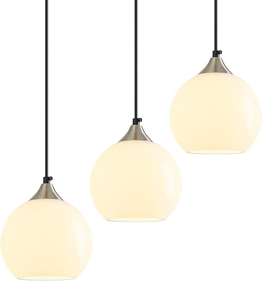 Milky Luster Glass Pendant Lights Kitchen Island Globe Pendant Light Fixtures Modern Pendant Lighting for Bedroom Living Dining Room Light Fixture (5.9 in, 3 Pack)