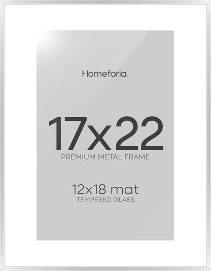 Homeforia 17x22 Picture Frame Silver, High End Metal 17x22 Frames with Mat 12x18 for Photo, 17 x 22 Silver Poster Frame Matted to 12 x 18 Print, 22x17 Hanging Frame, Tempered Glass, Wall Kit, Set of 1