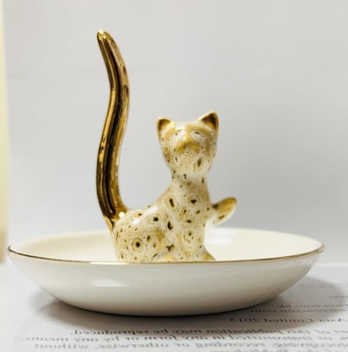 Happy Cat Natural Pattern Glazed Plated Gold Ceramic Elegant Engagement Wedding Rings Trinket Dish