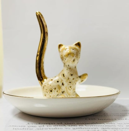 Happy Cat Natural Pattern Glazed Plated Gold Ceramic Elegant Engagement Wedding Rings Trinket Dish