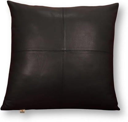 Lambskin Leather Pillow Cover - Sofa Cushion Case - Decorative Throw Covers for Living Room & Bedroom, 20x20 Inches - Black (02) Pack of 2