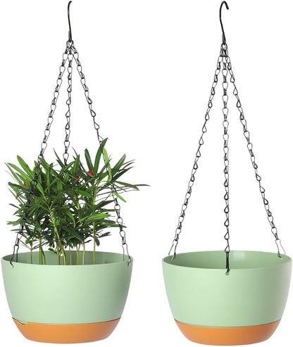 Lookat 2 Pack Plastic Hanging Planters 10 Inch Hanging Pots with Drainage Hole for Indoor Outdoor Plants, Round Hanging Basket with Removable Tray for Home Garden Porch Balcony Patio Decor