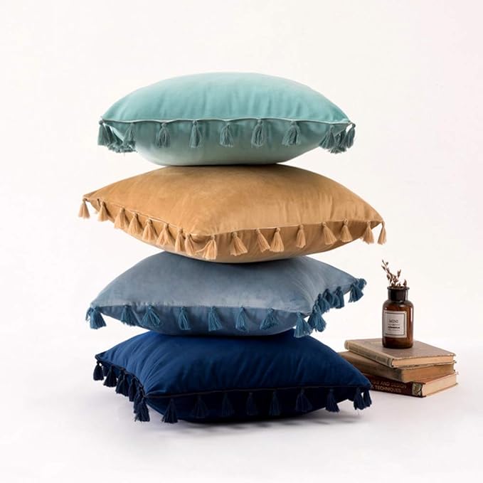 vctops Velvet Soft Solid Decorative Throw Pillow Cover with Tassels Boho Accent Cushion Case for Couch Bedroom Car Navy 18''x18''