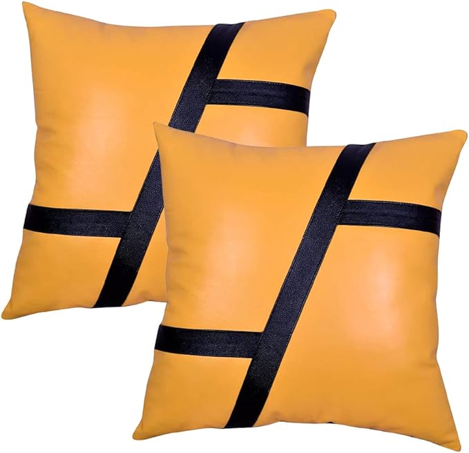 Lambskin Leather Pillow Cover - Sofa Cushion Case - Decorative Throw Covers for Living Room & Bedroom, 16x16 Inches - Camel Pack of 2
