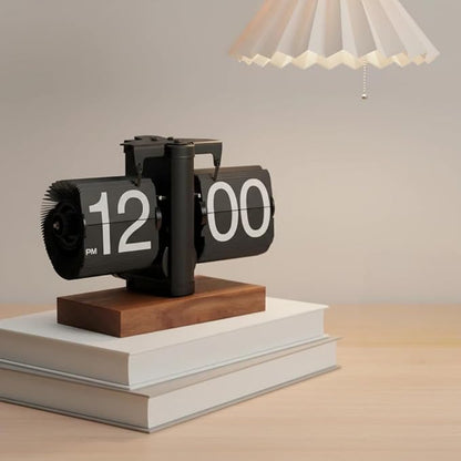 Retro Flip Clock Vintage, Digital Flip Desk Clock Black, Gear Flipping Clock, Mechanical Page Turning with Black Walnut Base for Home, Office, Room Decoration