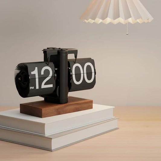 Retro Flip Clock Vintage, Digital Flip Desk Clock Black, Gear Flipping Clock, Mechanical Page Turning with Black Walnut Base for Home, Office, Room Decoration