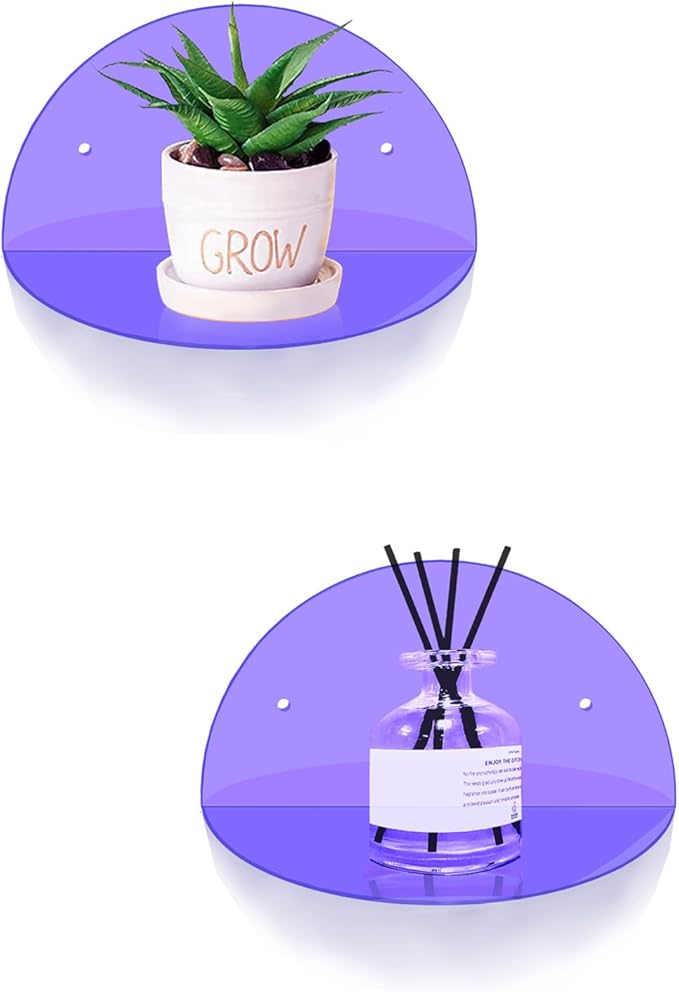ROYALITA Small Acrylic Shelves Room Decor Floating Shelves (2-Pack, 8-inch Diameter) - Wall Mounted Display Stand for Plants, Toys, Makeup, and More - Ideal for Home and Office, Purple