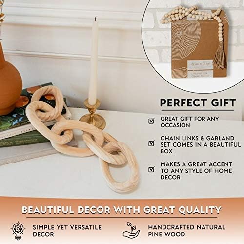 Decorative Wood Chain Link and Bead Garland Set | Hand Carved Pine Wood Chain Decor | Modern Farmhouse Decor Set | Aesthetic Room Decor | Boho Decorations for Living Room Bedroom Entryway | Natural