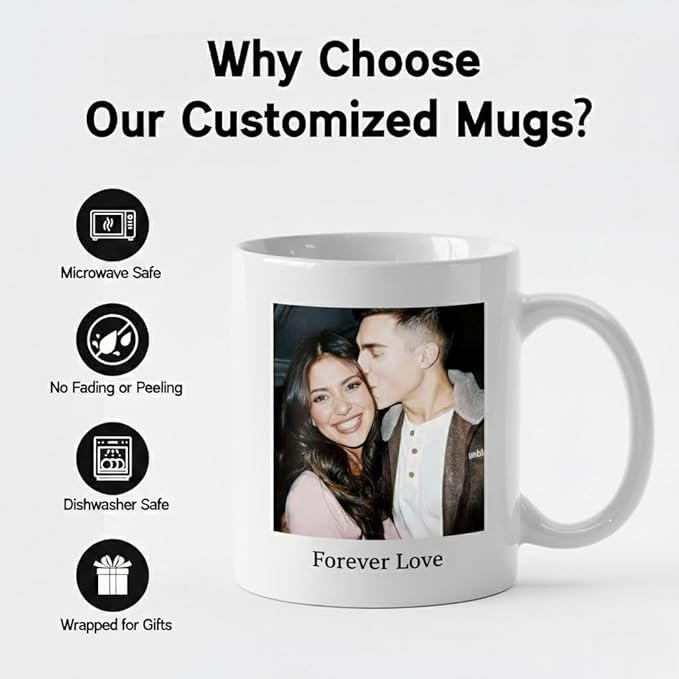 Custom Photo Coffee Mug, Personalized Forever Love Design Ceramic Cup for Anniversary Boyfriend Girlfriend Dishwasher Safe, 11oz (White)