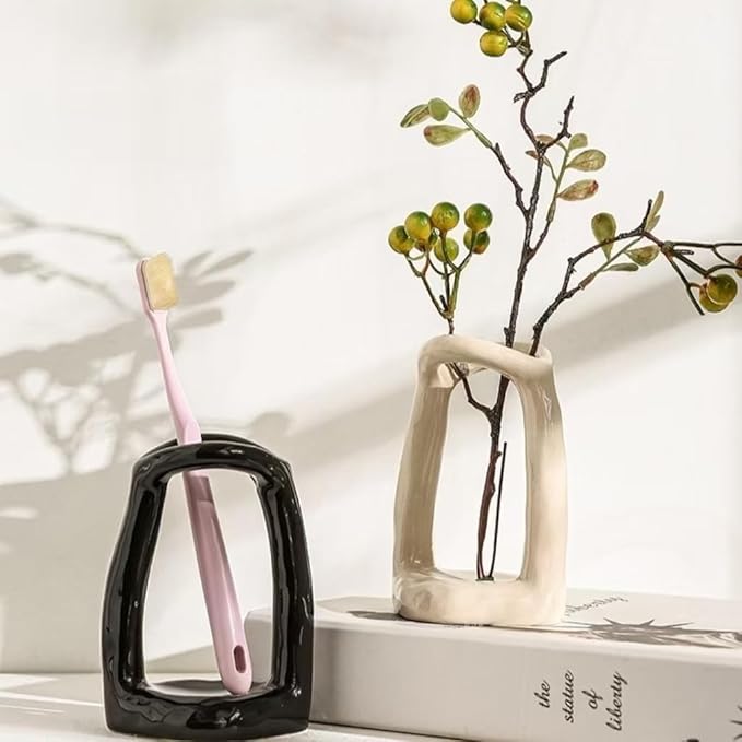 Handmade Ceramic Holder Stand for Toothbrushes, Makeup Brushes, and Pens - Minimalist Design for Bathroom Vanity and Countertops Decor (Black)