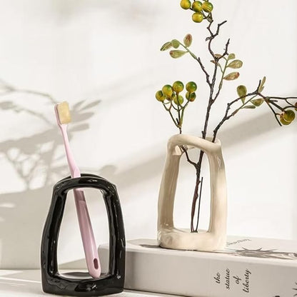 Handmade Ceramic Holder Stand for Toothbrushes, Makeup Brushes, and Pens - Minimalist Design for Bathroom Vanity and Countertops Decor (Black)