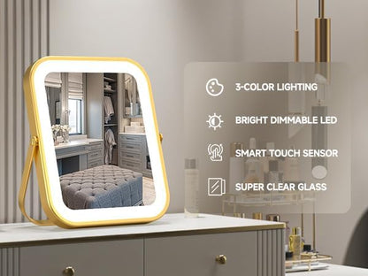 PRIMETEK Vanity Mirror with Lights, 10"x8" LED Lighted Makeup Mirror, Portable Makeup Mirror with Lights, Touch Screen, 3-Color Lighting, for Vanity Desk Tabletop, Bedroom