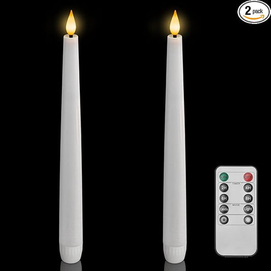 Homemory 2 Pcs Waxy Flameless Taper Candles with Remote, Led Flameless Candlesticks Classic Tall Candle, Flickering Battery Operated Taper Candles for Bedroom, Dining Room, White, 9.6 inches