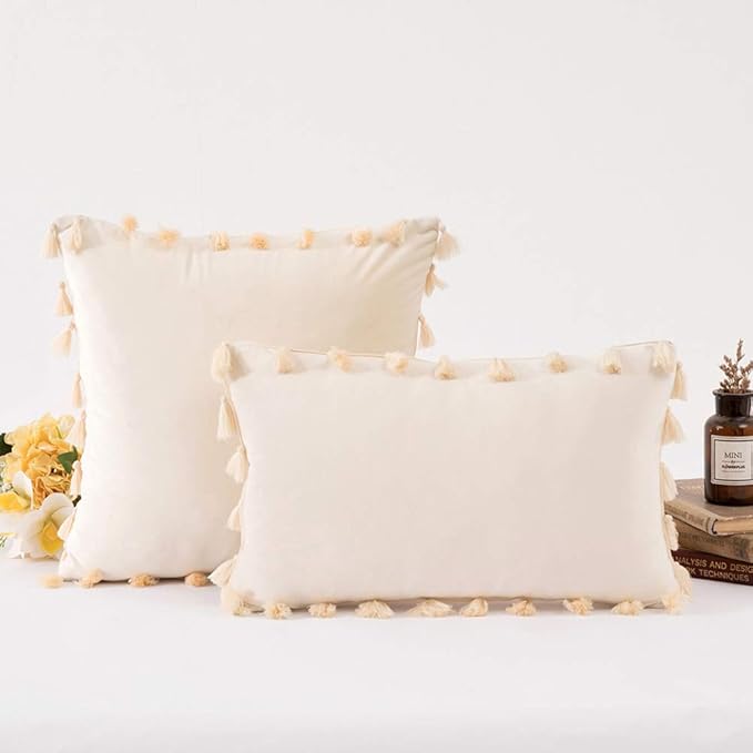 vctops Velvet Soft Solid Decorative Throw Pillow Cover with Tassels Boho Accent Cushion Case for Couch Bedroom Car Beige 18''x18''
