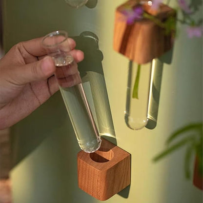 Test Tube Vases Fridge Magnets,Magnetic Wooden Wall Planter Vases Fridge Decor,Cute Test Mini Flower Vase for Hydroponics Plants Flower Display Home Decoration,2 Pieces