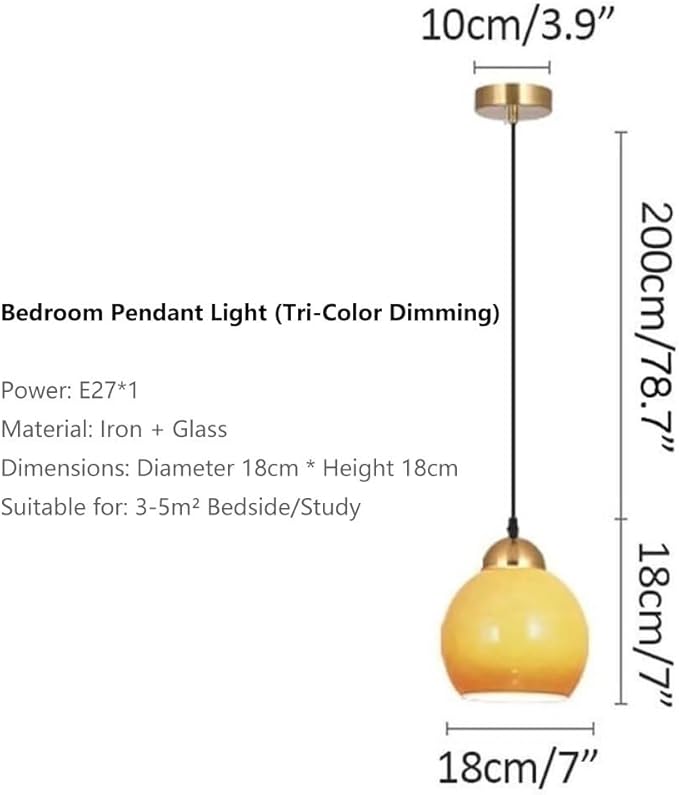 Modern Glass Pendant Light Metal Lamp Body E27 Tri Color Dimming Adjustable Hanging Fixture for Bedroom Bedside Study Minimalist Spherical Design Adaptable Ceilings