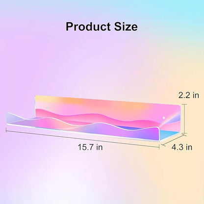 4 Pack Iridescent Acrylic Floating Shelves, 15.7" Clear Acrylic Display Shelves Bookshelf Wall Mounted, Bathroom Kids Room Home Storage Wall Decor Ledge Shelf for Skincare, Perfume, Nail Polish