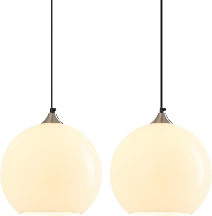 Milky Luster Glass Pendant Lights Kitchen Island Globe Pendant Light Fixtures Modern Pendant Lighting for Bedroom Living Dining Room Light Fixture (9.84 in, 2 Pack)