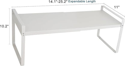Set of 2 Expandable Cabinet Shelf Organizer, White Kitchen Countertop Shelves, Stackable Metal Pantry Storage Organizer for Cupboard, Spice Rack