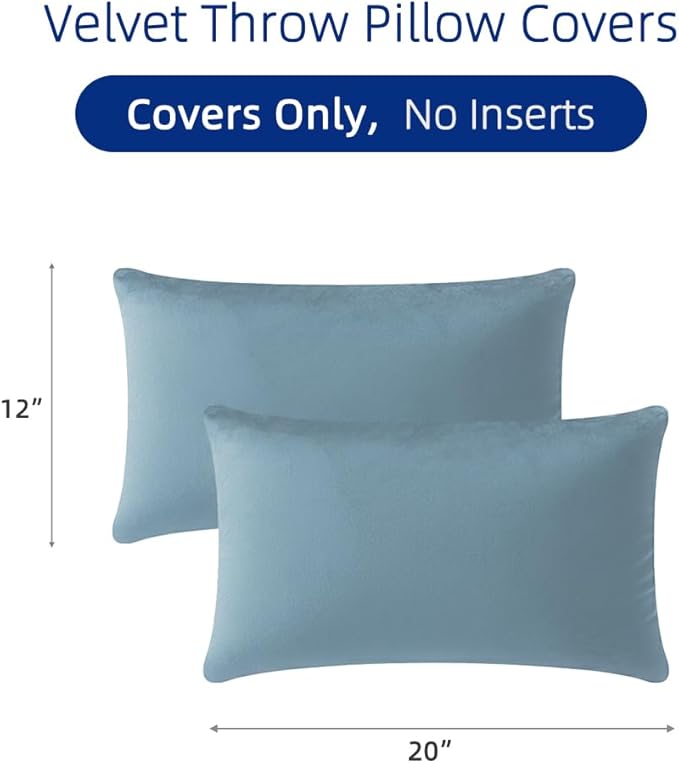 QUORGVES Light Blue Velvet Pillow Covers 12x20 Inch Set of 2, Soft Solid Decorative Lumbar Throw Pillow Covers, Decor Cushion Covers for Bed Sofa Couch Bedroom Living Room - Coastal Sky Baby Blue