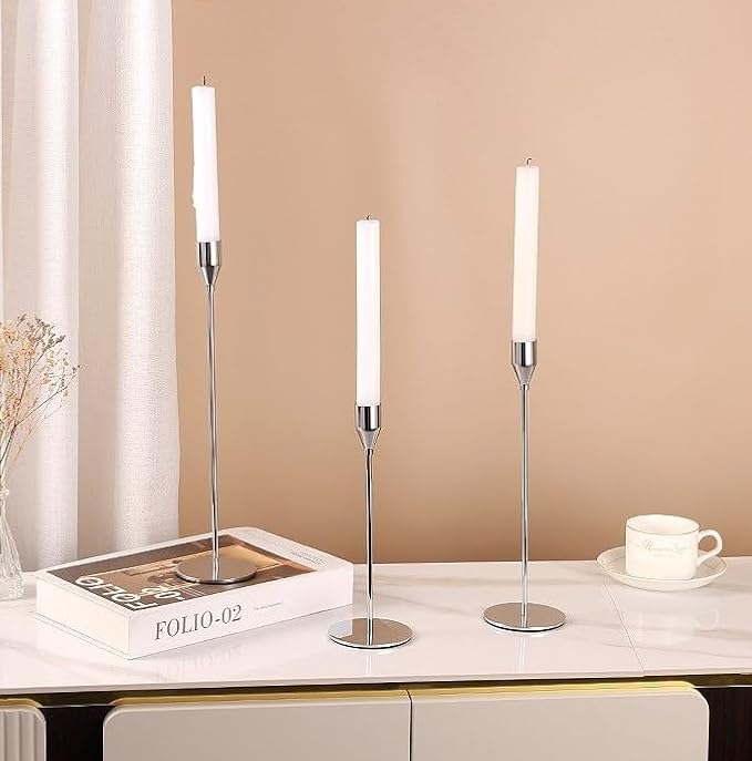 Sliver Candlestick Holders 3pcs Taper Candle Stick Holder Set, Mantel Candlestick Holder Set for Table Centerpiece, Modern Tall Candle Decor for Wedding/Party/Dinning/Anniversary