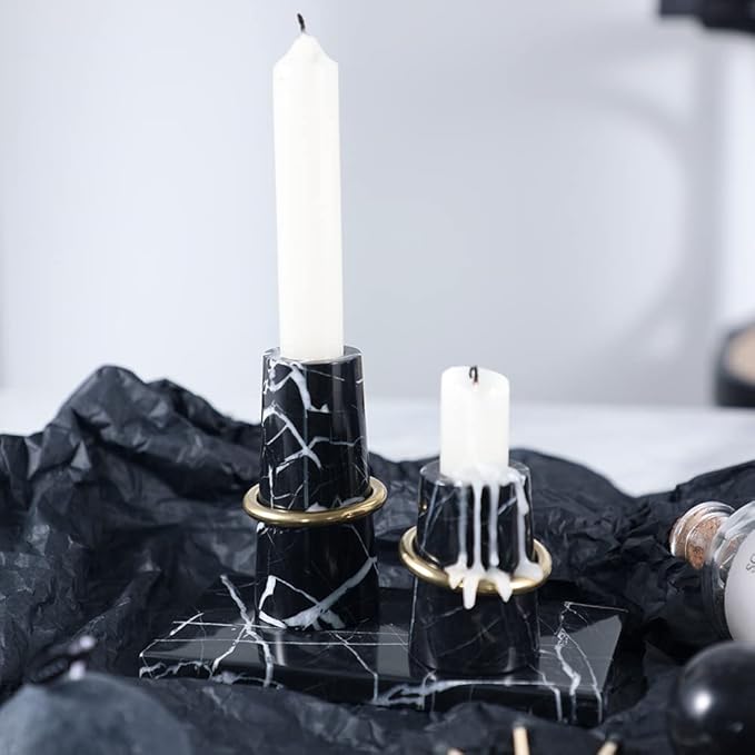 Luxurious Marble Candle Holders Black Candlestick Holders, Set of 2 for 3/4" Taper Candles, Black and Brass Gold, Modern Candle Holders for Table Centerpiece Wedding Home Decor