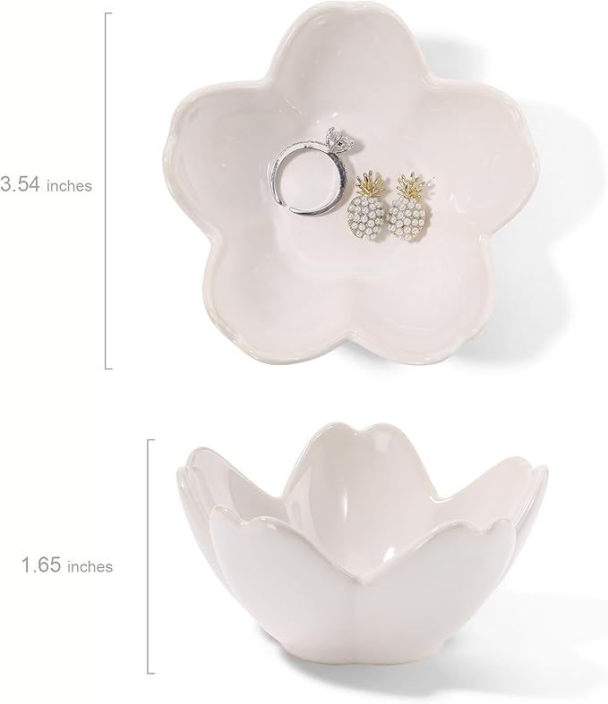 Flower Ring Dish Holder,Jewelry Dish Tray,Small Trinket Tray,Jewelry Plate Bowl,Key Bowl,Decorative Plate,Birtdhay Christmas Gifts for Women Friends,Ceramic Kiln effect White