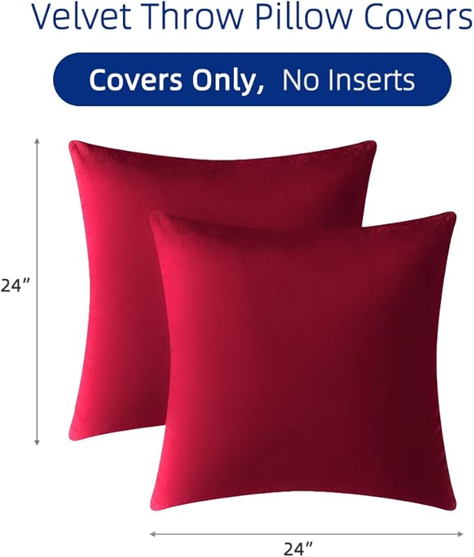 QUORGVES Red Velvet Pillow Covers 24x24 Inch Set of 2, Soft Solid Decorative Square Throw Pillow Covers, Decor Cushion Covers for Bed Sofa Couch Bedroom Living Room