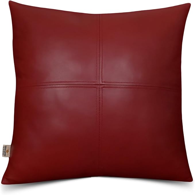 Lambskin Leather Pillow Cover, Hand Panel Stitched Leather Decorative Throw Pillow Covers for Couch Sofa Bed Living Room Garden (14x14 Inches, Reddish Brown Pack of 1)