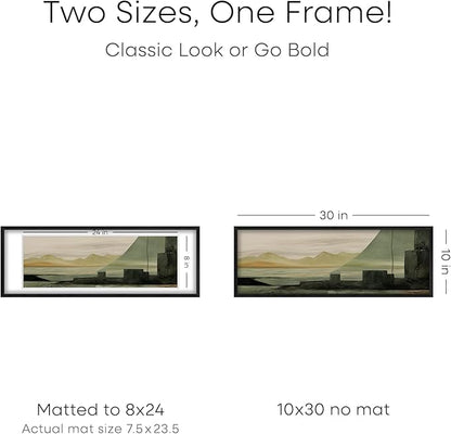 Homeforia 10x30 Black Wood Picture Frame, High End Oak 10x30 Poster Frames with Mat 8x24 Print, 10 x 30 Black Wooden Frames Matted to 8 by 24, 30x10 Panoramic Frame, Tempered Glass, Wall Kit, Set of 1