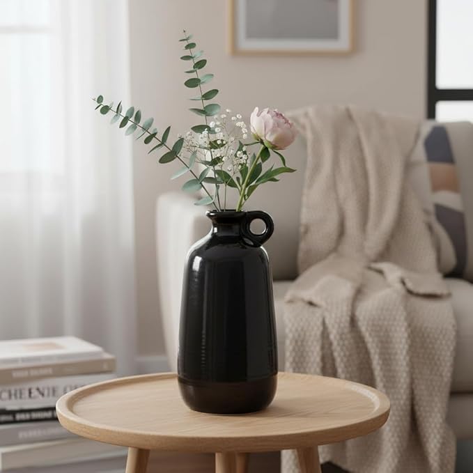 Sunddo Black Ceramic Vase 10 Inch - Tall Modern Decorative Vase with 1 Handle, Elegant Black Statement Piece for Entryway & Mantel