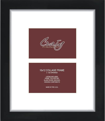 Craig Frames Contemporary, 10x12 Black Picture Frame with White Collage Mat, 2 Openings for 4x6 Prints