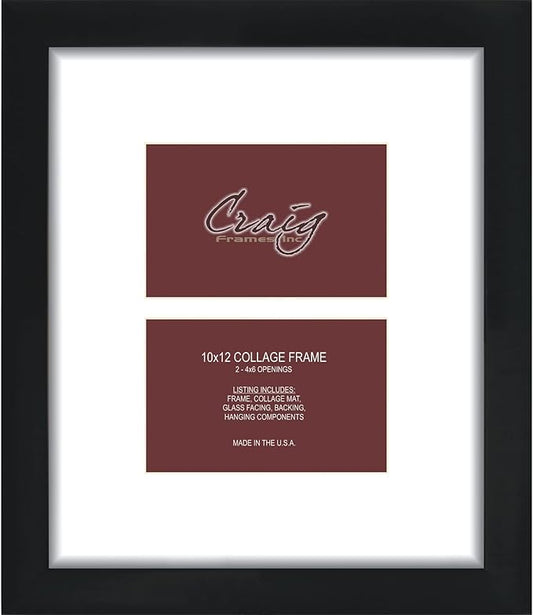 Craig Frames Contemporary, 10x12 Black Picture Frame with White Collage Mat, 2 Openings for 4x6 Prints