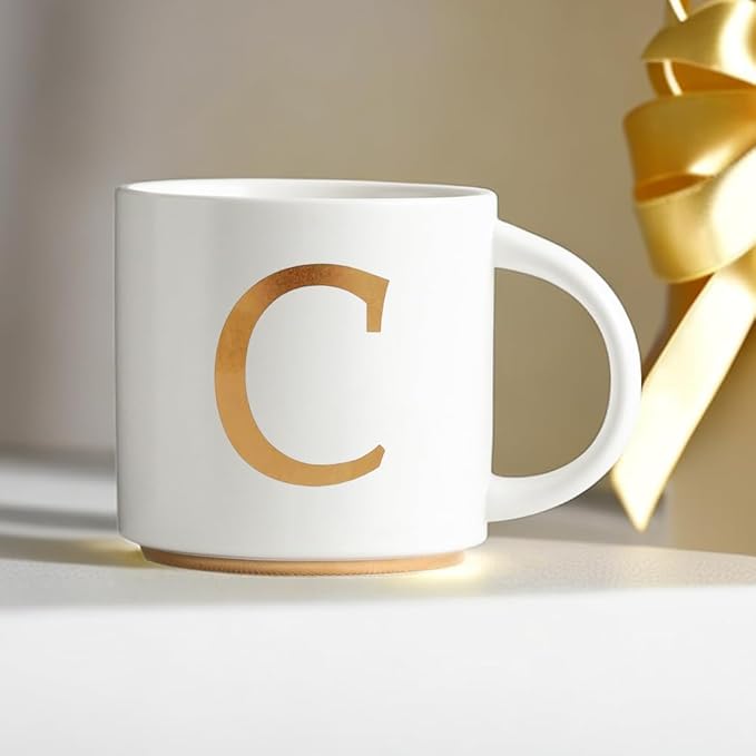 COLLECTIVE HOME - Monogram Ceramic Mugs, 15 oz Golden Initial Coffee Cups, Elegant Alphabet Tea Mugs, Elegant Personalized Mug with Gift Box, Unique Mug with Double Side Capital Letter (C)