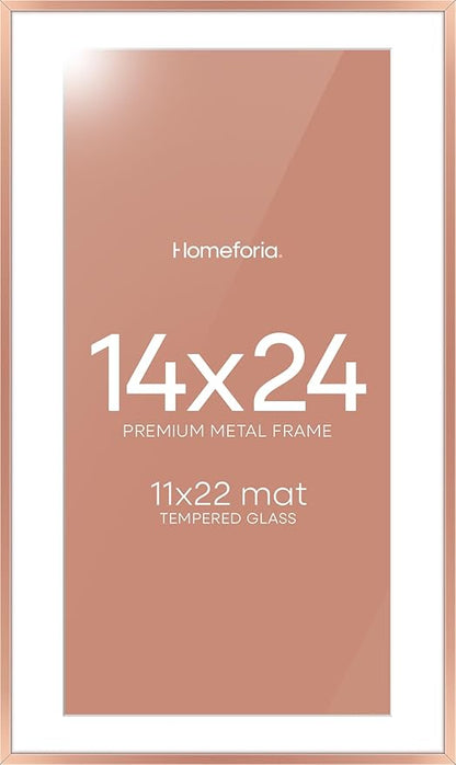 Homeforia 14x24 Picture Frame Rose Gold, High End Metal 14x24 Poster Frames with Mat 11x22 Photo, 14 x 24 Rose Gold Frame Matted to 11 by 22 Print, 24x14 Thin Frame, Tempered Glass, Wall Kit, Set of 1