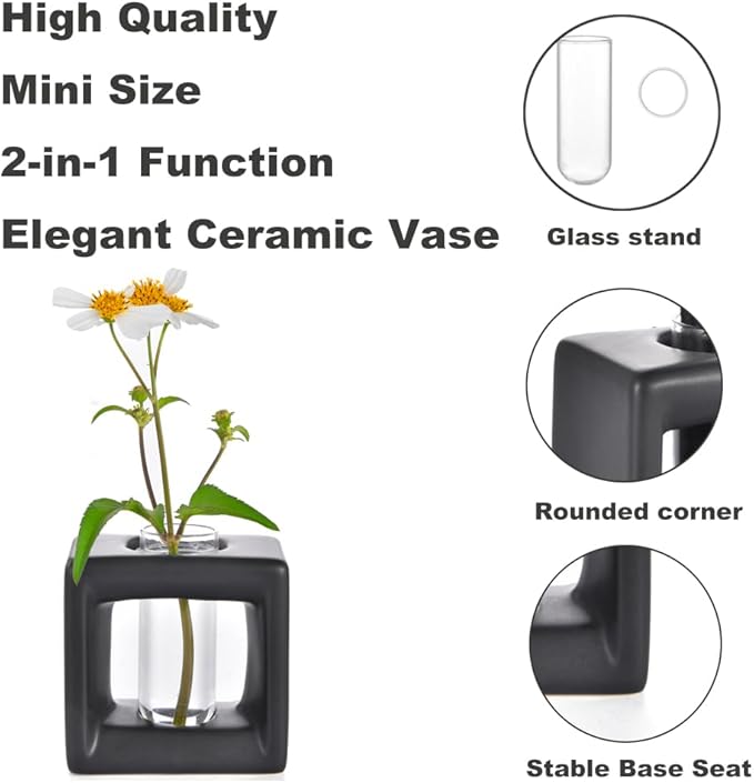 ORGJ Matte-Black Propagator Plant Vase - 2-in-1 Modular Propagation Tubes & Aroma Diffuser with Test Tube Rack System, Industrial Water Propagation Station for Herb Cuttings, Geometric Ceramic Decor