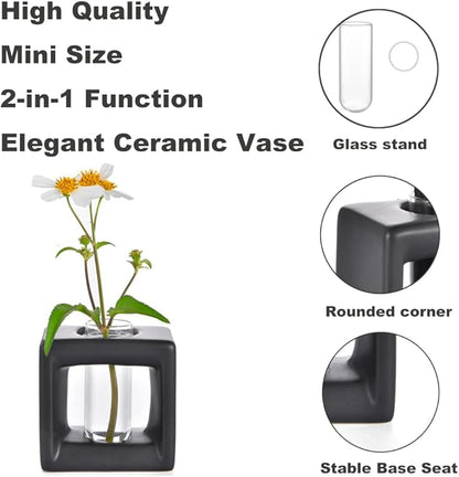 ORGJ Matte-Black Propagator Plant Vase - 2-in-1 Modular Propagation Tubes & Aroma Diffuser with Test Tube Rack System, Industrial Water Propagation Station for Herb Cuttings, Geometric Ceramic Decor