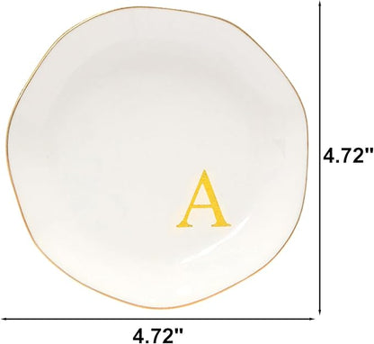 Ceramic Jewelry Tray Initial Ring Dish Personalized A-Monogrammed Engagement Wedding Gifts, for Birthday Mother's Day Christmas for Women, Ceramic White 4.75" (A)