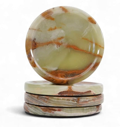 Marble Coasters Set of 4 for Drinks Green Onyx Handmade 4 Inches Stone Drink Coaster for Bar Accessories, Dining Table, Office Desk, Home Decor & Ideal