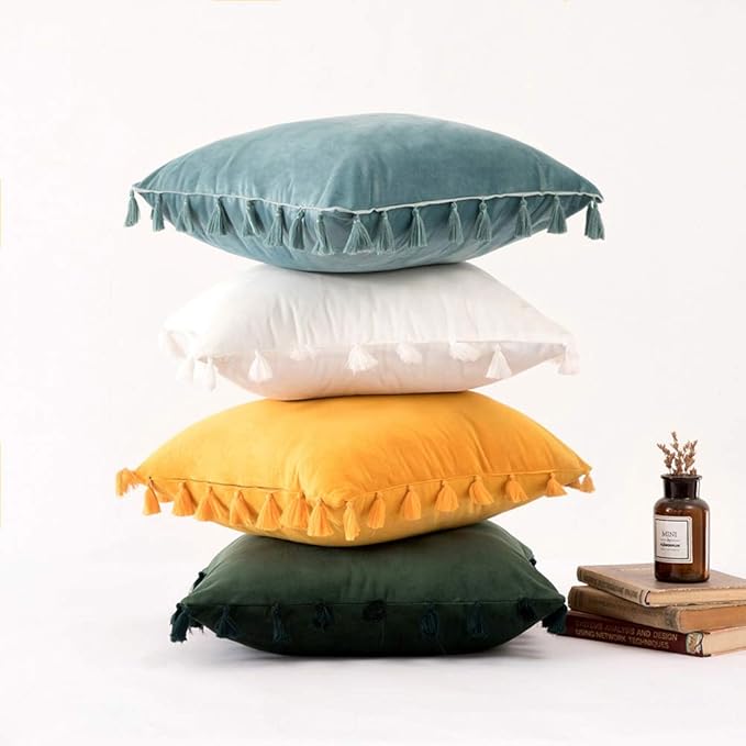 vctops Velvet Soft Solid Decorative Throw Pillow Cover with Tassels Boho Accent Cushion Case for Couch Bedroom Car Aqua Green 18''x18''