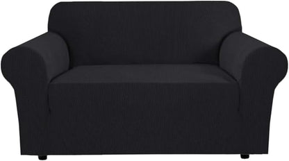 H.VERSAILTEX Stretch Couch Cover Slip Covers for Sofas/Couches 2 Cushions Pet Couch Covers for Sofa 1 Piece with Elastic Bottom, Textured Checked Jacquard Fabric(Loveseat 58"-70" Wide, Black)