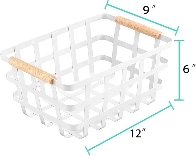 Farmhouse Baskets,Wire Metal Baskets Bin,Wire Food Organizer Storage Basket,Fruit Bin with Wood Handles for Pantry Cabinets Rustic Kitchen Counter Closet