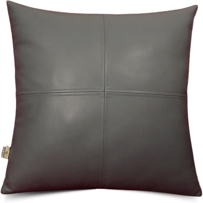 Lambskin Leather Pillow Cover, Hand Panel Stitched Leather Decorative Throw Pillow Covers for Couch Sofa Bed Living Room Garden (20x20 Inches, Grey Plain Pack of 1)